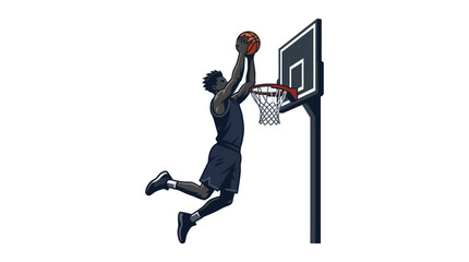 Professional basketball athlete performing powerful slam dunk in dark vector style © Khfd