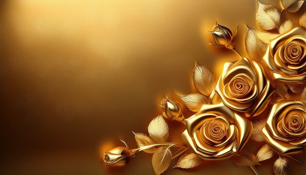 d golden roses with buds on a golden background