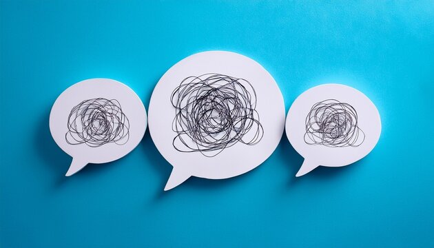 speech bubbles with tangled scribble and neat spiral concept of conflict resolution psychological counseling and communication clarity