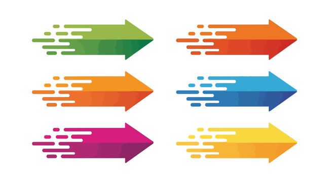 Set of colorful dynamic speed arrows vector illustration with motion blur effect, representing fast progress and forward movement in modern design