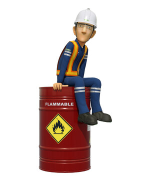 Construction worker is sitting on the flammable chemical barrel
