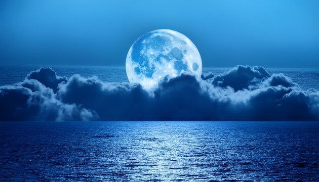 this large full blue moon rises brightly over the cloud bank in this calm ocean