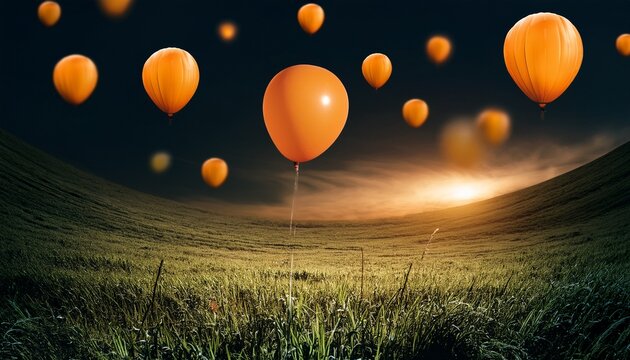 field of grass with orange balloons and single balloon floating in the dark