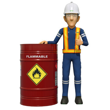 Construction worker is pointing to the flammable label on the chemical barrel