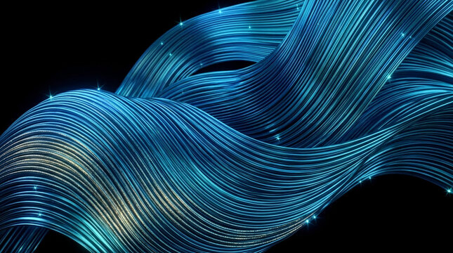 Abstract blue wavy lines with glittering sparks on a black background, symbolizing technology, data flow, and digital connection