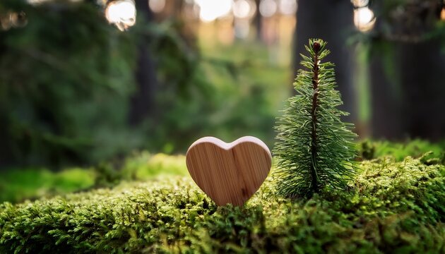 funeral wooden heart near a fir spruce tree natural burial grave in the forest woods wood hearts on grass or moss tree burial