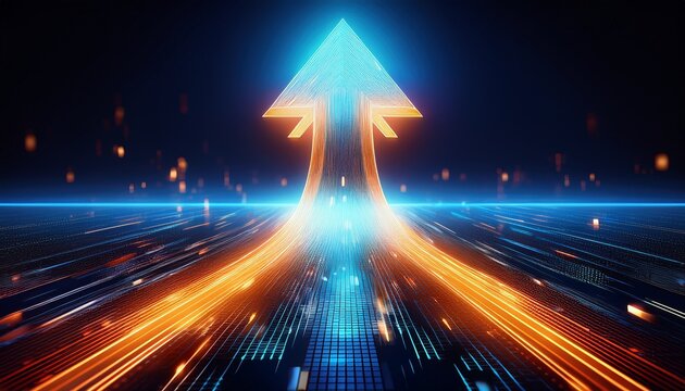 glowing blue orange pixelated digital arrow moving forward concept of digital transformation technological innovation and future business strategy