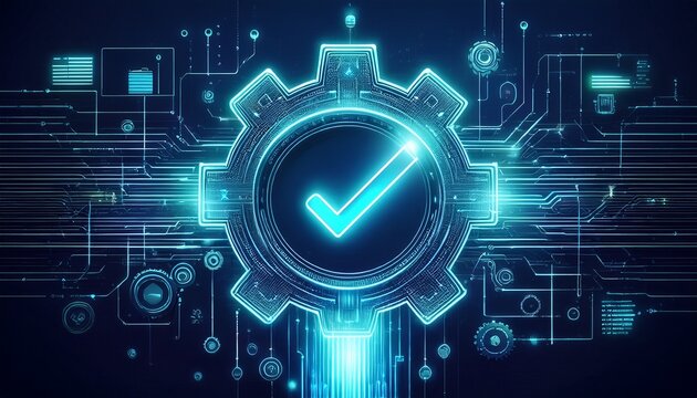 glowing data stream entering gear mechanism with checkmark concept of automation software system integration and data processing workflow