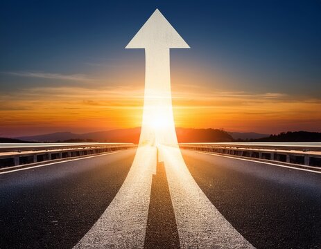 highway road transforming into upward arrow towards bright sunrise light concept of corporate business journey career success destination and financial growth motivation