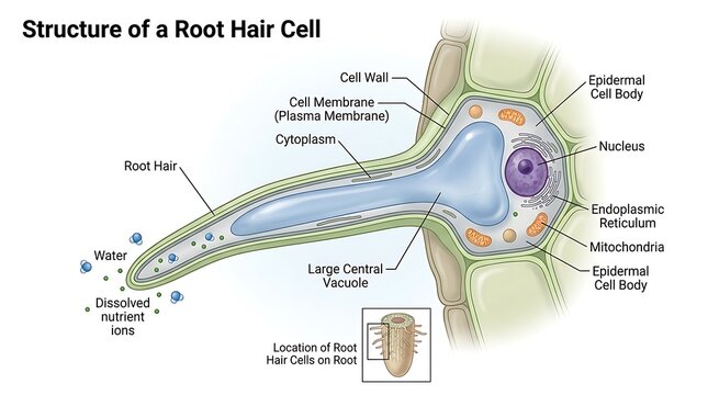 Biological diagram showing the internal structure of a plant root hair cell