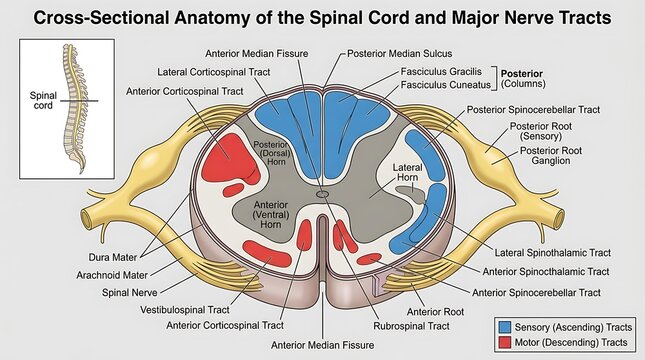 Anatomical cross section diagram of spinal cord and nerve tracts with neurology