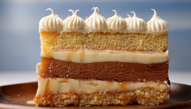 close up of sliced tres leches cake revealing soft milk soaked sponge layers topped with creamy glaze horizontal composition indulgent dessert presentation highlighting rich texture and bakery style