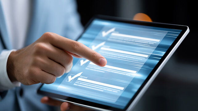 Faceless business professional managing a digital document workflow with an online checklist and approval interface, with copy space