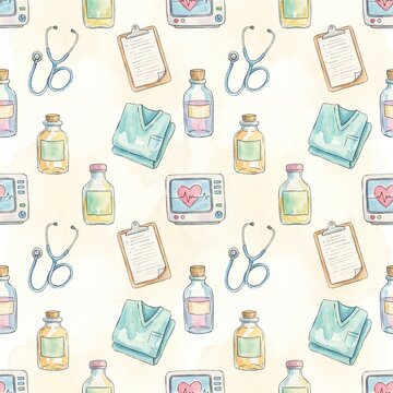 Watercolor nurse medical tools seamless pattern design. Healthcare equipment vector illustration set for fabric and print projects.