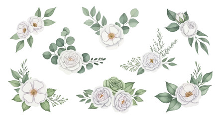 Watercolor white rose floral bouquet and green eucalyptus leaf arrangement collection isolated on white background © Mecklenburglaan