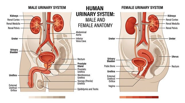 Comparison of male and female human urinary system anatomy with physiology