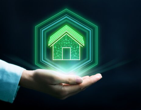 hand presenting glowing smart home hexagon hologram representing green property innovation