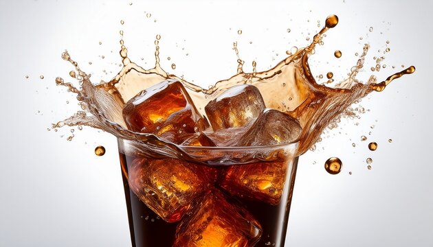 refreshing cola beverage with ice cubes splash and bubbles on a white isolated background