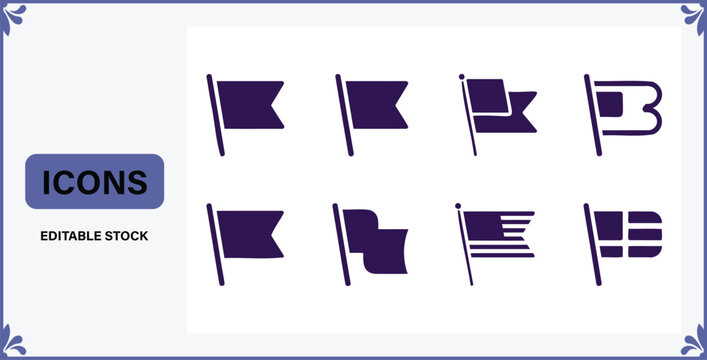 Collection of Various Dark Purple Flag Icons Representing Different States and Symbols Isolated on a Clean White Background