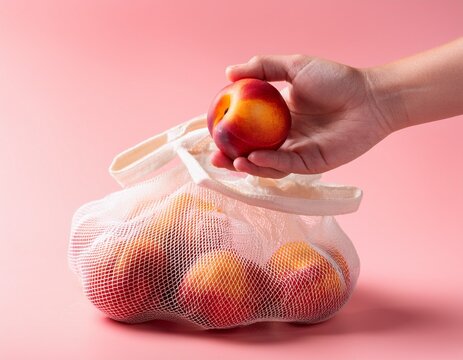 hand picking a ripe nectarine from a white mesh bag over pink background for fresh summer fruit