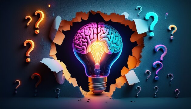 neon brain lightbulb in a ripped hole with glowing question marks concept of artificial intelligence innovation and digital marketing strategy