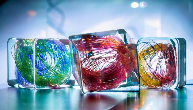 clear cubes with colorful tangled wire inside artistic transparent decor