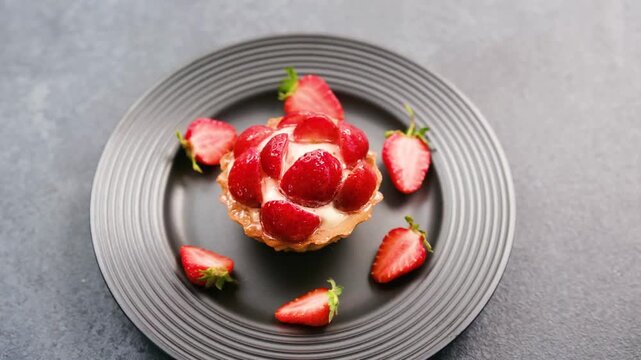 Strawberry tart on a dark plate with scattered strawberries