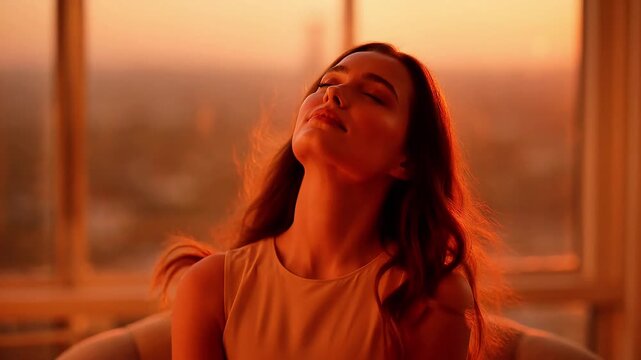 Young woman with closed eyes breathing deeply in warm sunset light meditation breathe mindfulness relaxation serene