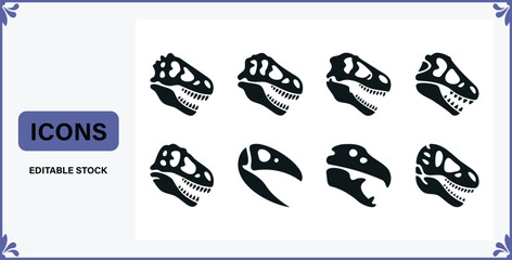 Collection of stylized black dinosaur skull icons in silhouette representing prehistoric creatures and ancient fossils © Badsha Mollik