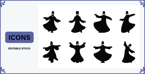 Fototapeta premium Collection of Silhouette Icons Representing Whirling Dervishes in Various Dancing Poses Isolated on White Background