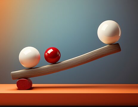 a balancing act small white sphere on left large red sphere on right on a beam with legs