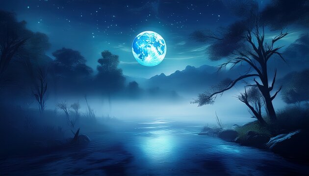 a full blue moon glowing softly through the mist creating a serene night scene