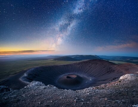 meteorite impact crater with milky way in night sky scenery