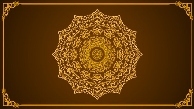 golden mandala centerpiece with luxury decorative corner borders on dark brown background.