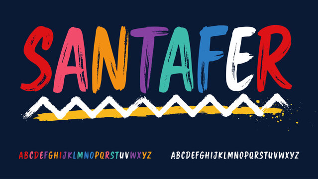 Colorful hand drawn brush font with artistic textured letters and a zigzag decorative element isolated on a dark blue background for creative designs