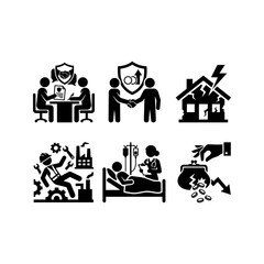 Obraz premium Comprehensive insurance icon set representing healthcare, property damage and risk management.