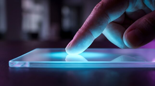 Finger touching a glowing glass screen interface in a dark environment