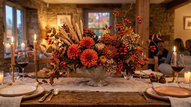 Autumn floral centerpiece on Thanksgiving dinner table with burning candles and rustic holiday decor
