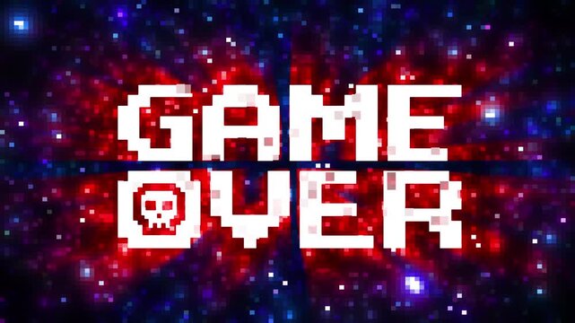 Pixelated "Game Over" message with a skull symbol appears against a red starburst, ideal footage for retro arcade and video game defeat screens. Not Ai