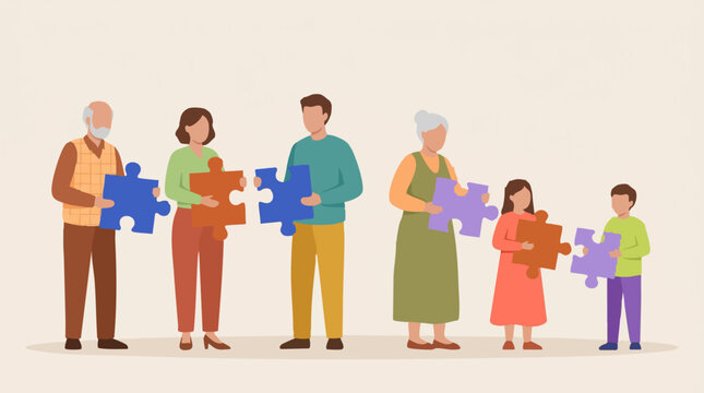 Multigenerational family connecting puzzle pieces, concept of unity and support