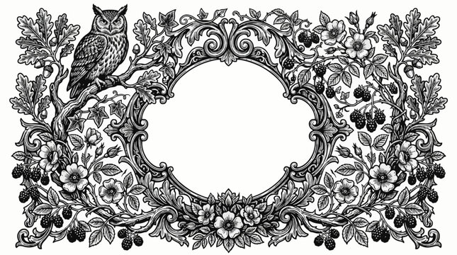 Detailed black and white rectangular frame with a central oval aperture, featuring a perched owl, oak branches with acorns, blackberries, and wild rose blossoms.