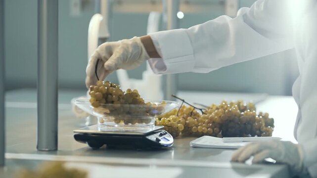 Cinematic footage of freshly harvested grapes being sorted and crushed using modern winery equipment. Automated processing, stainless steel machinery, and efficient wine production