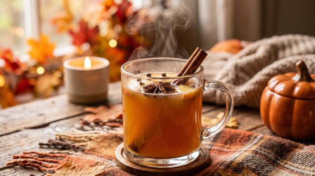 Hot apple cider mug with autumn spices and cinnamon on cozy rustic table for seasonal marketing