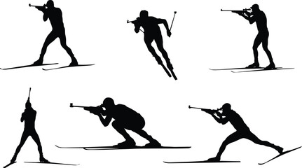 Option 1: Biathlon athletes silhouettes set isolated on white background.Option 2: Winter sports vector silhouette collection with cross-country skiers shooting and skiing. © MDAKTARUL