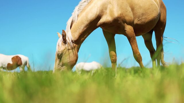 Palomino horse grazing on green meadow. Animal eating grass in rural landscape on sunny day. Livestock farming and pasture scenery in nature outdoor environment.