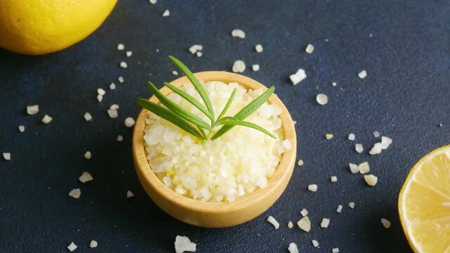 Bowl of coarse salt with rosemary sprig and lemons on dark background