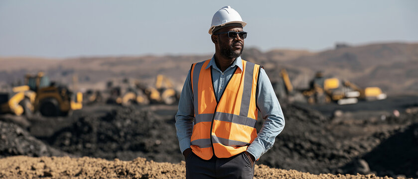 Industrial Site Foreman: A determined construction foreman in a hard hat and safety vest surveys an active industrial site, with heavy machinery dotting the background under a clear sky.