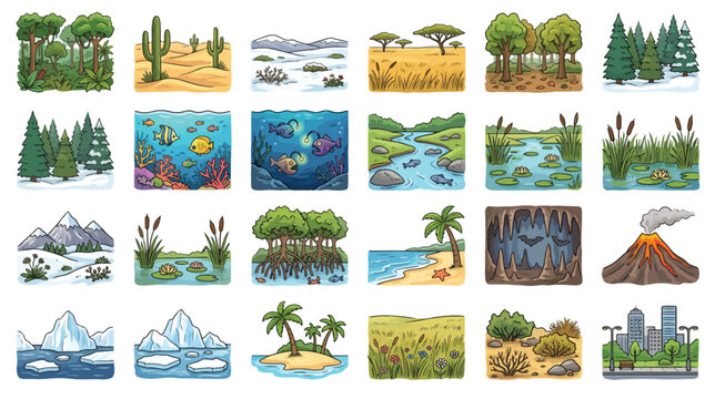World biome and ecosystem icon set for geography class