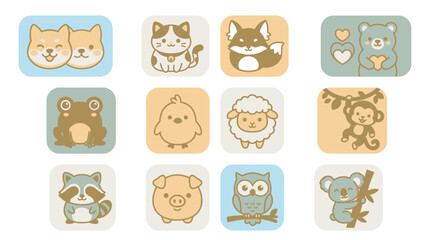 Fototapeta premium Pastel square animal face icons set