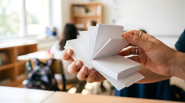 Person holding a stack of blank white note cards in a classroom setting